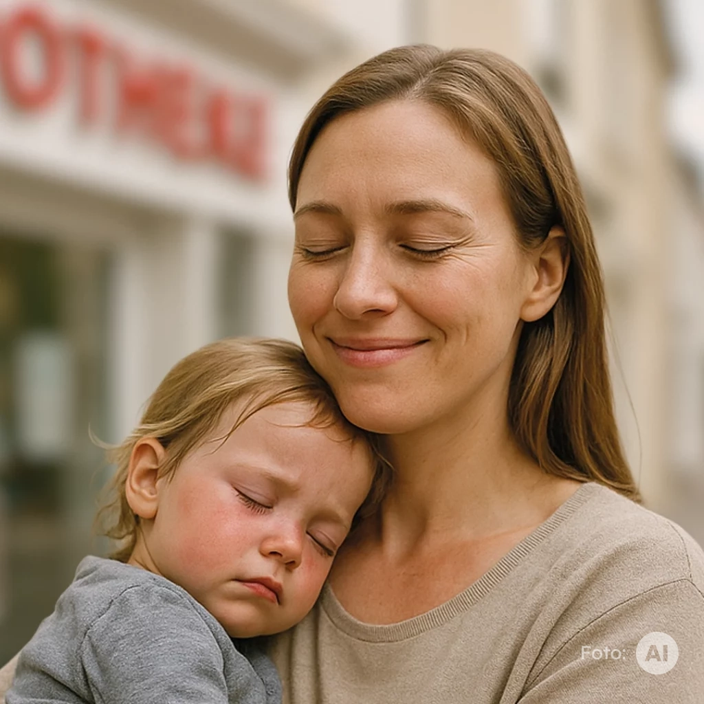 Apotheken sind Akuthilfe: Eine Mutter hält vor einer Apotheke ihr schlafendes Kleinkind im Arm.