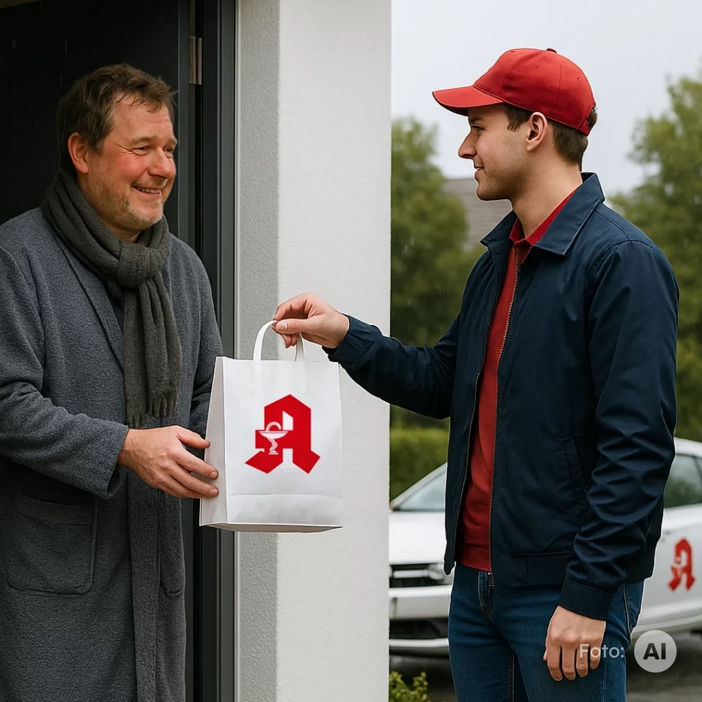Apotheken sind Service: Ein Lieferfahrer übergibt einem Mann im Bademantel an der Haustür eine Apothekentüte.