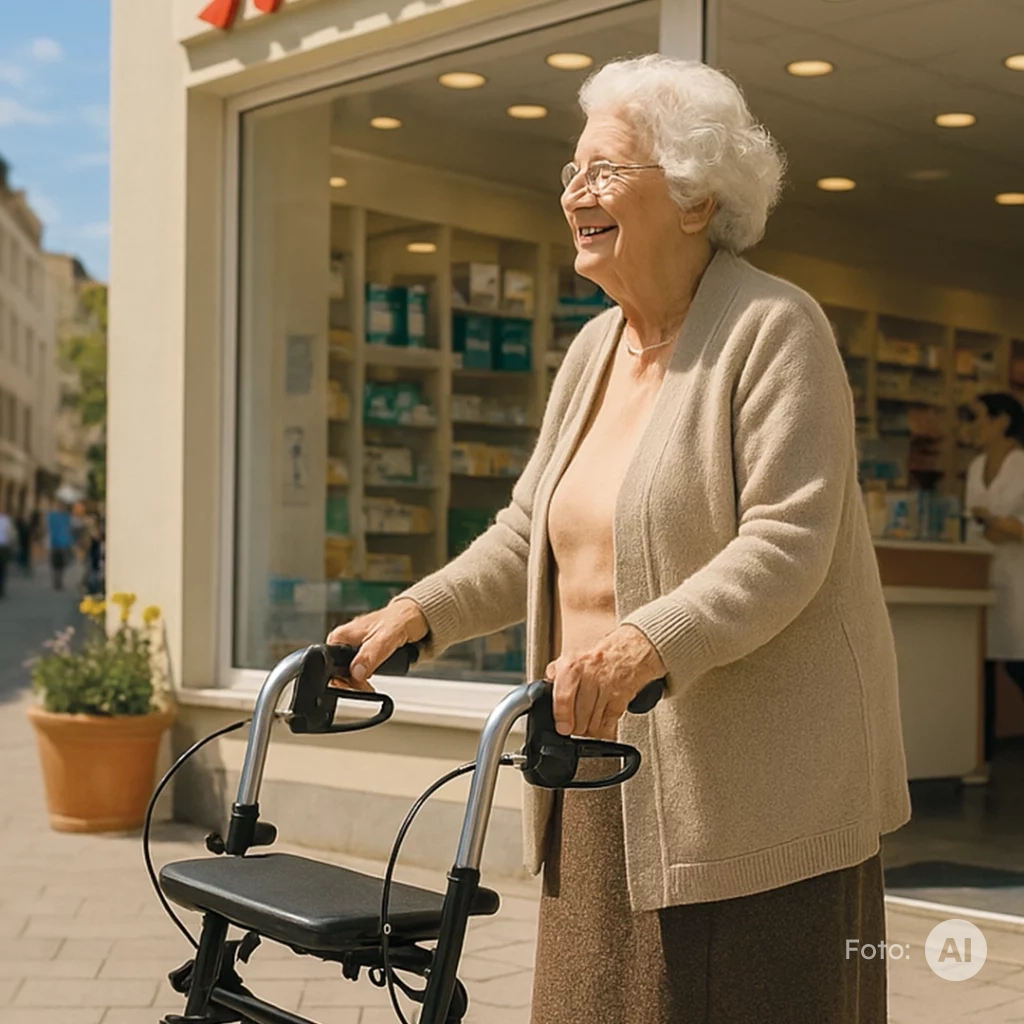 Apotheken sind Nähe: Eine ältere Frau mit Rollator steht lächelnd vor einer Apotheke.