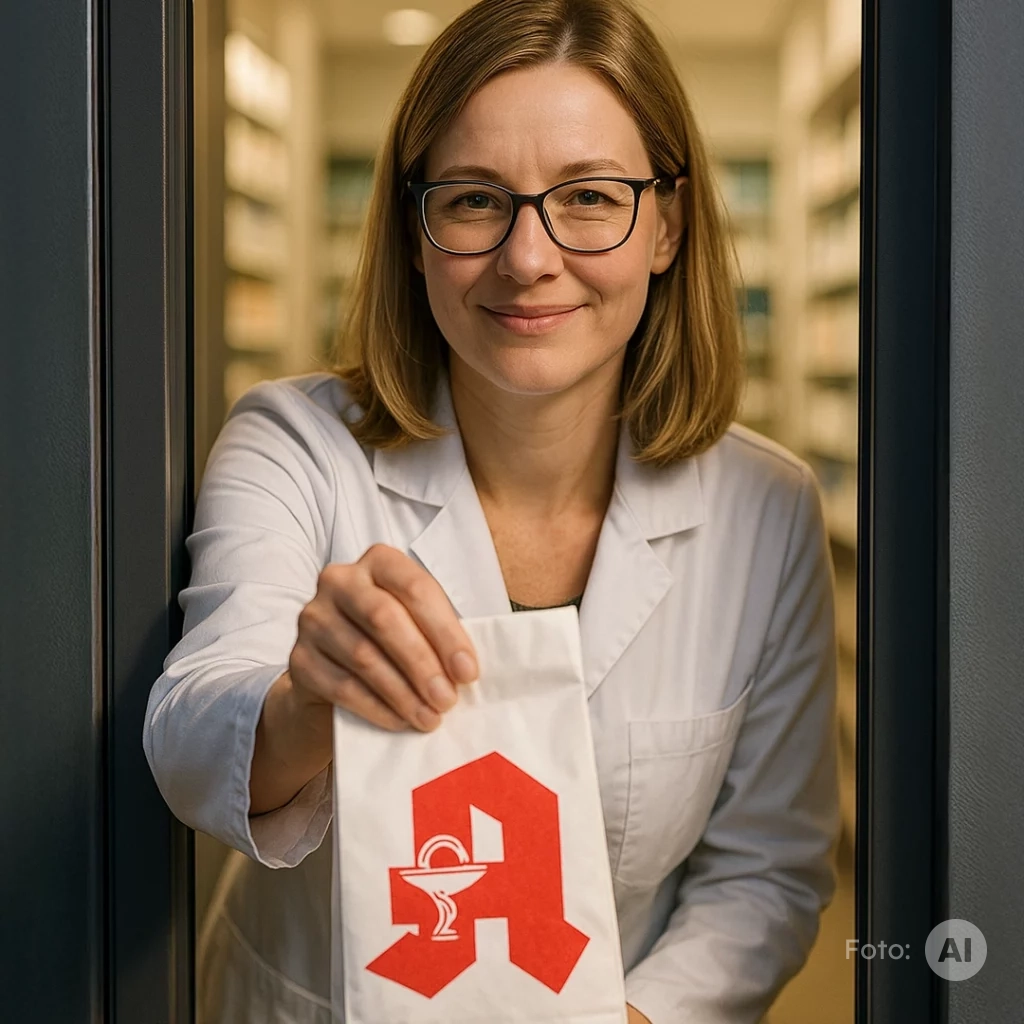 Apotheken sind Notdienst: Eine Apothekerin reicht durch ein Notdienstfenster eine Apothekentüte nach vorne.
